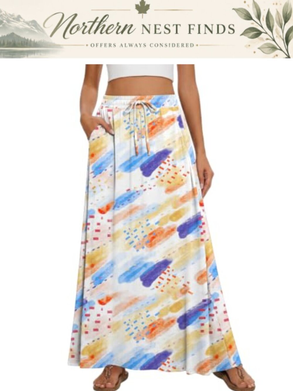 Women Flowy Pleated Maxi Skirt High Waisted A-Line Long Skirt with Pockets